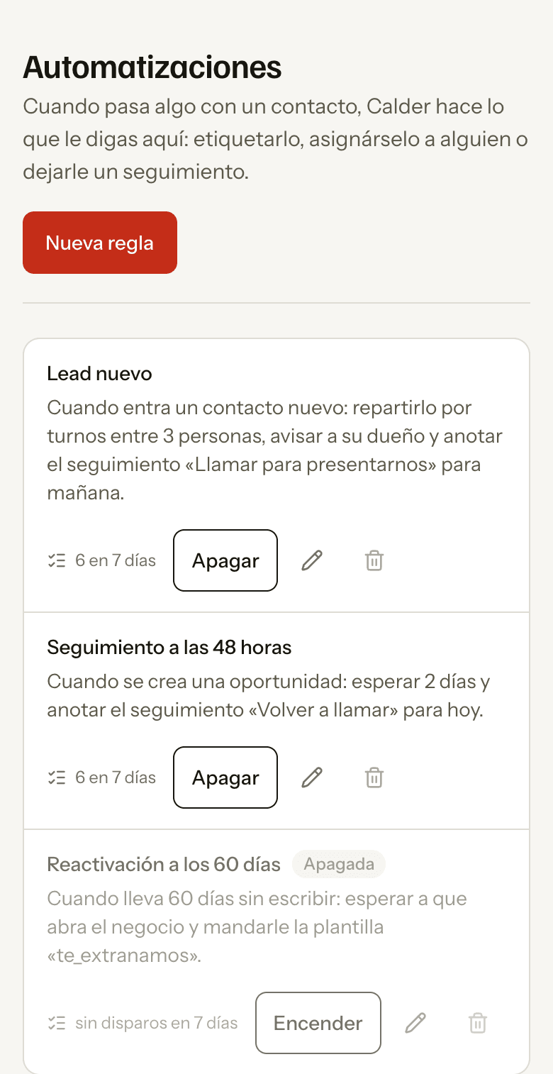 La pantalla de automatizaciones con tres reglas, su frase completa y el contador de disparos de los últimos siete días.