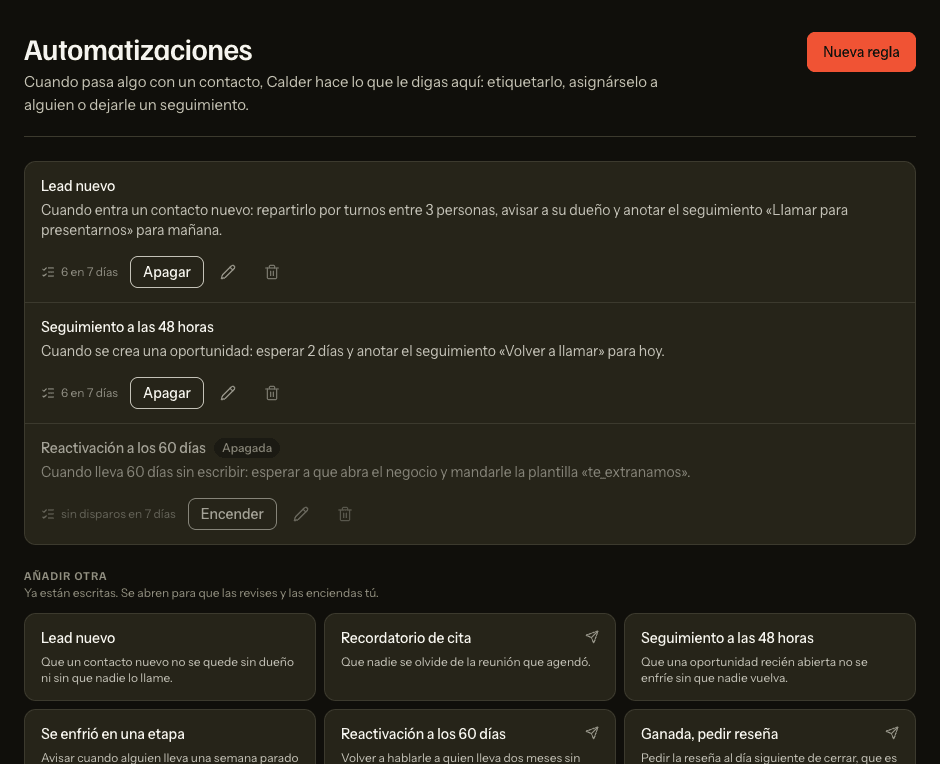 La pantalla de automatizaciones con tres reglas, su frase completa y el contador de disparos de los últimos siete días.